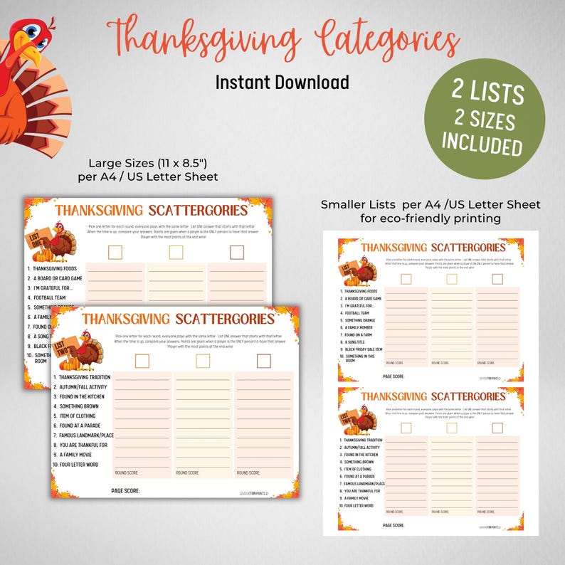 Thanksgiving Scattergories Printable, with 2 Lists to play and letter sheet
