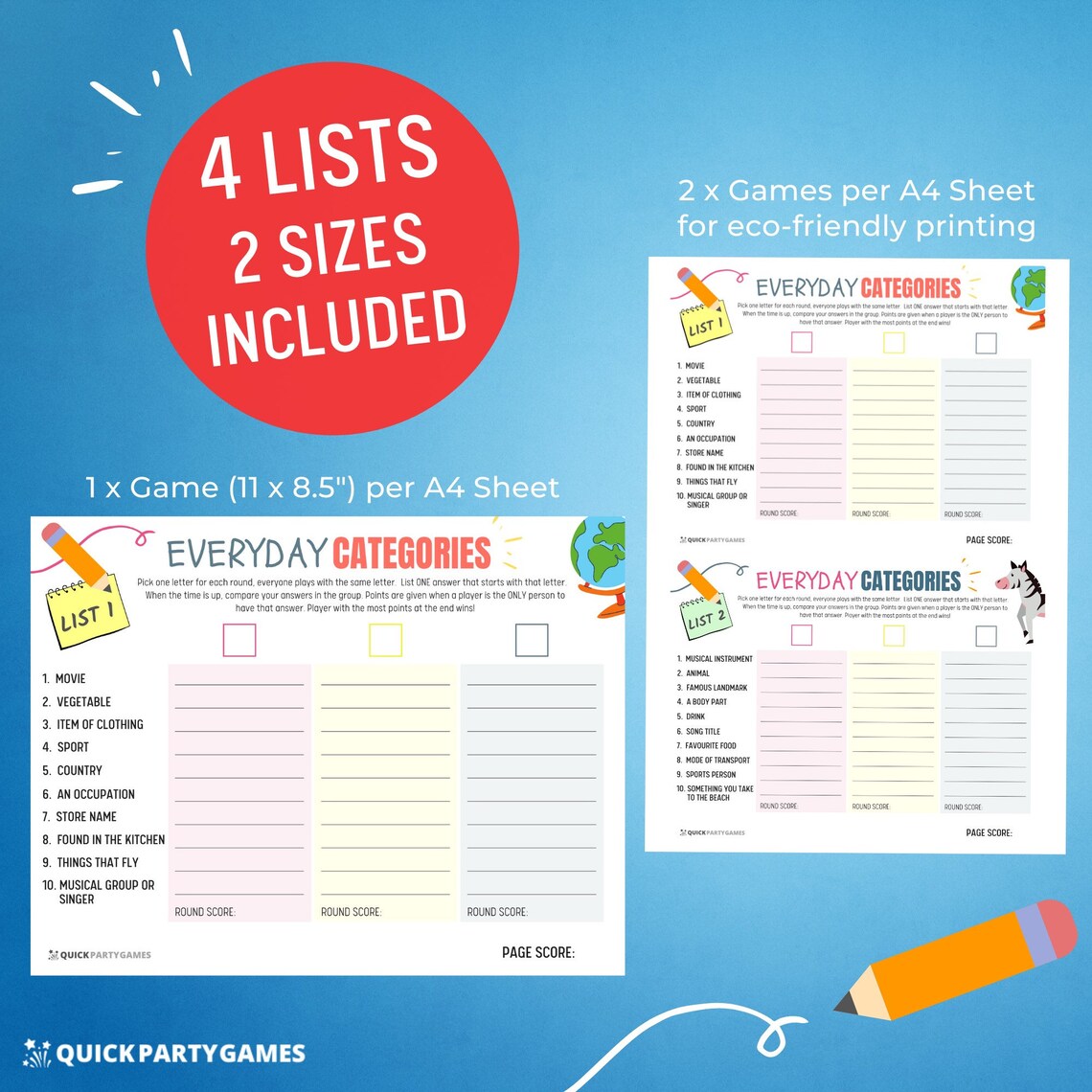 PRINTABLE Scattergories, Family Word Game, Family Game Print, Party ...