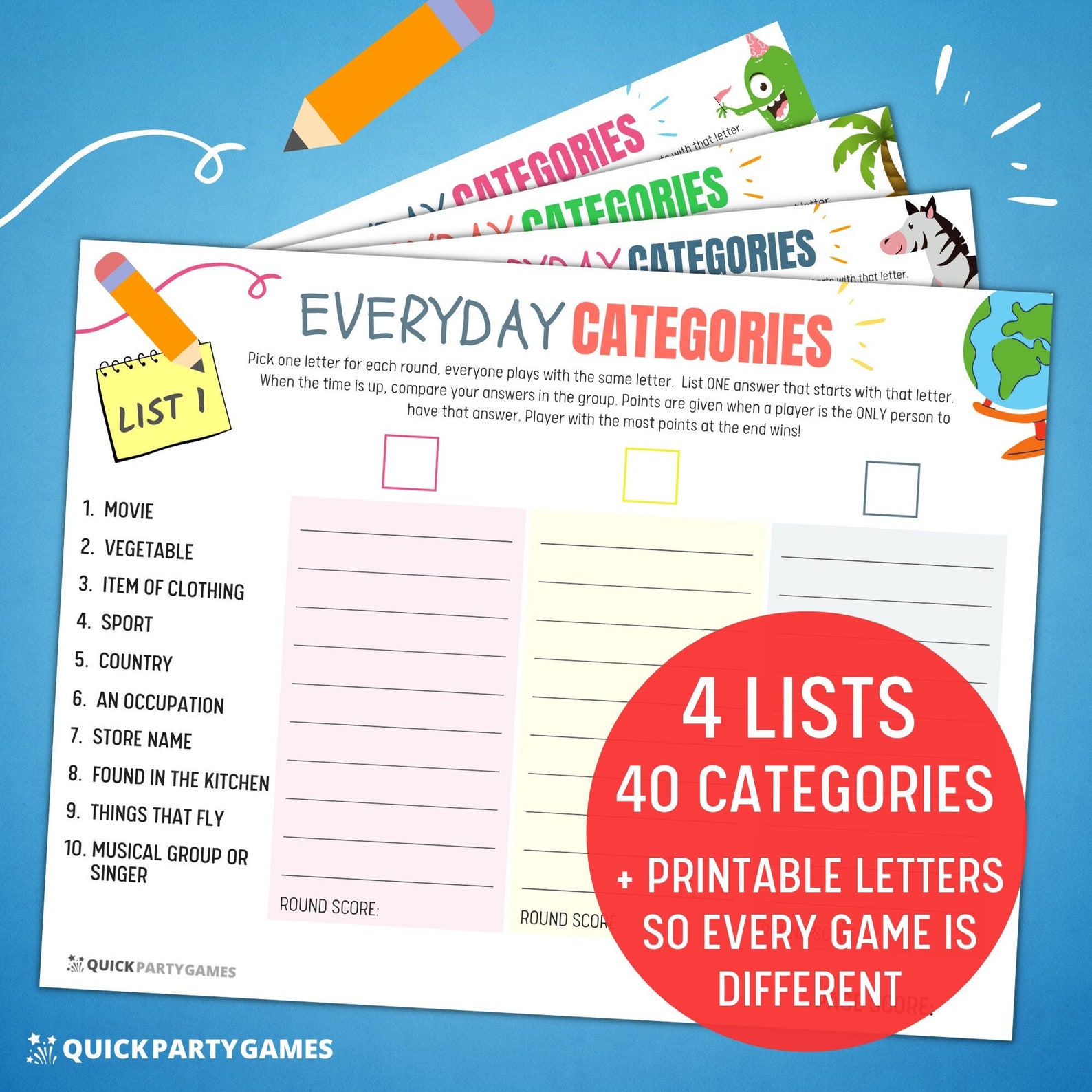 Printable Scattergories Game, 4 Lists, Categories Game, Fun Family Game ...