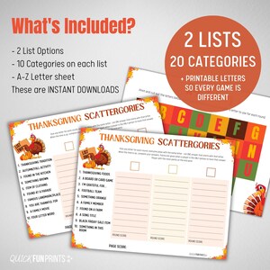 Thanksgiving Scattergories Printable, with 2 Lists to play and letter sheet