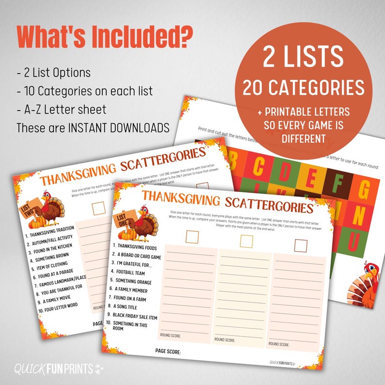 Thanksgiving Scattergories Printable, with 2 Lists to play and letter sheet