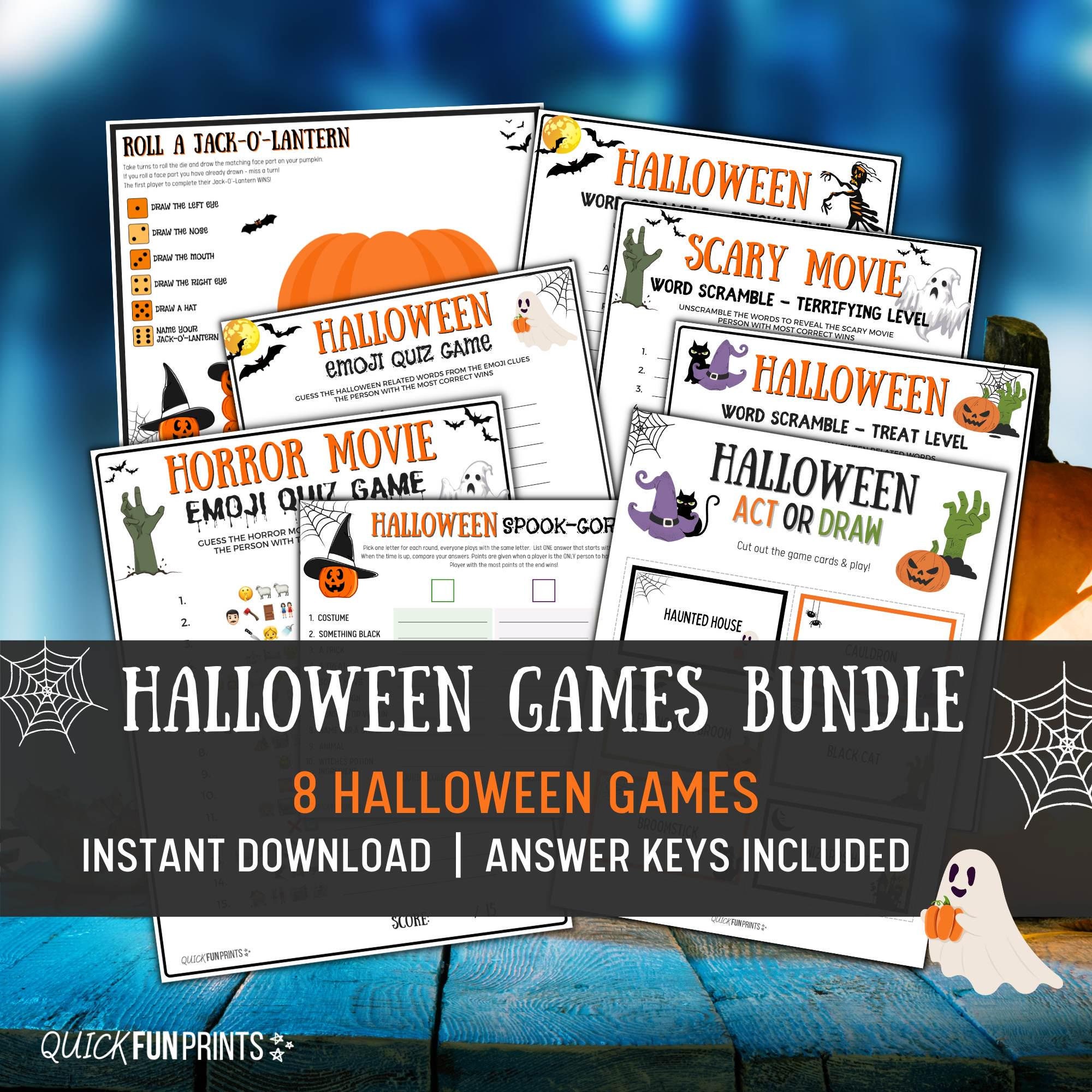 Pacote de jogos de HALLOWEEN, jogos de Halloween para impressão, charadas de Halloween, quiz de emojis, jogos de família de Halloween, jogos de Halloween para crianças e adolescentes