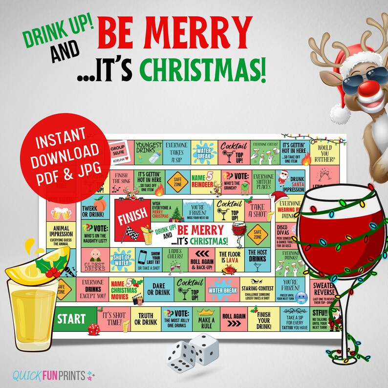 Christmas Drinking Game, Printable Christmas Board Game for Adults