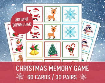 Holidays Christmas Memory Game: 60 Printable Cards, Family Xmas Game (Digital Download)