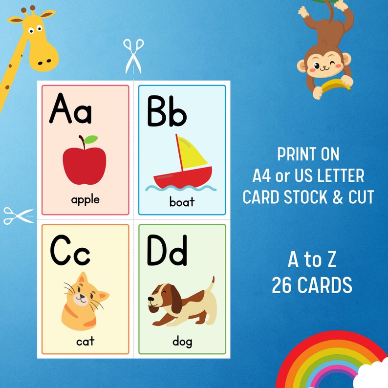 K&ouml;nnte beinhalten: Alphabet-Lernkarten mit Illustrationen von Apfel, Boot, Katze und Hund. Die Karten sind zum Drucken auf A4- oder US-Letter-Karton und zum Ausschneiden vorgesehen. Der Text auf den Karten lautet "A to Z 26 CARDS".