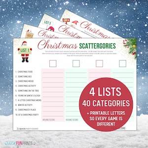 May include: A printable Christmas Scattergories game with four lists and 40 categories. The game includes printable letters so every game is different. The game is designed for multiple players and includes a score sheet.