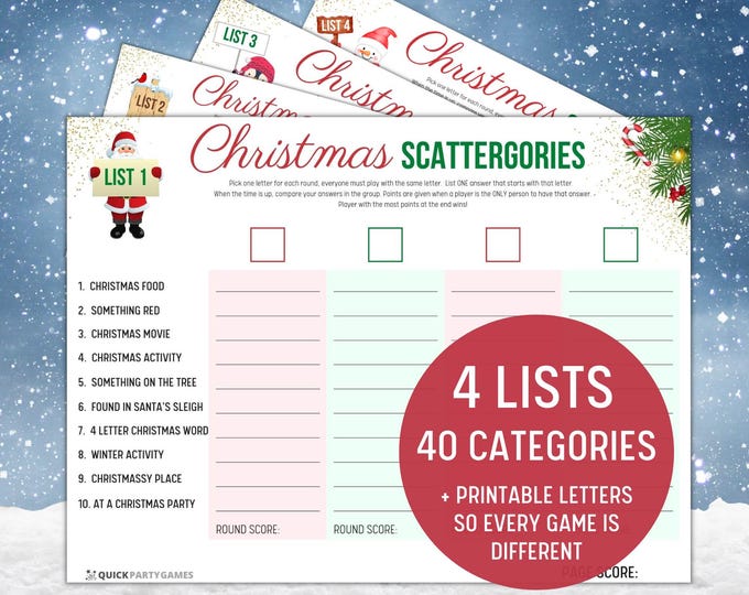 Featured listing image: Christmas Scattergories Game, 4 Lists, Family Holiday Fun, Printable Christmas Game, 4 Christmas Scattergories Lists, Instant Download