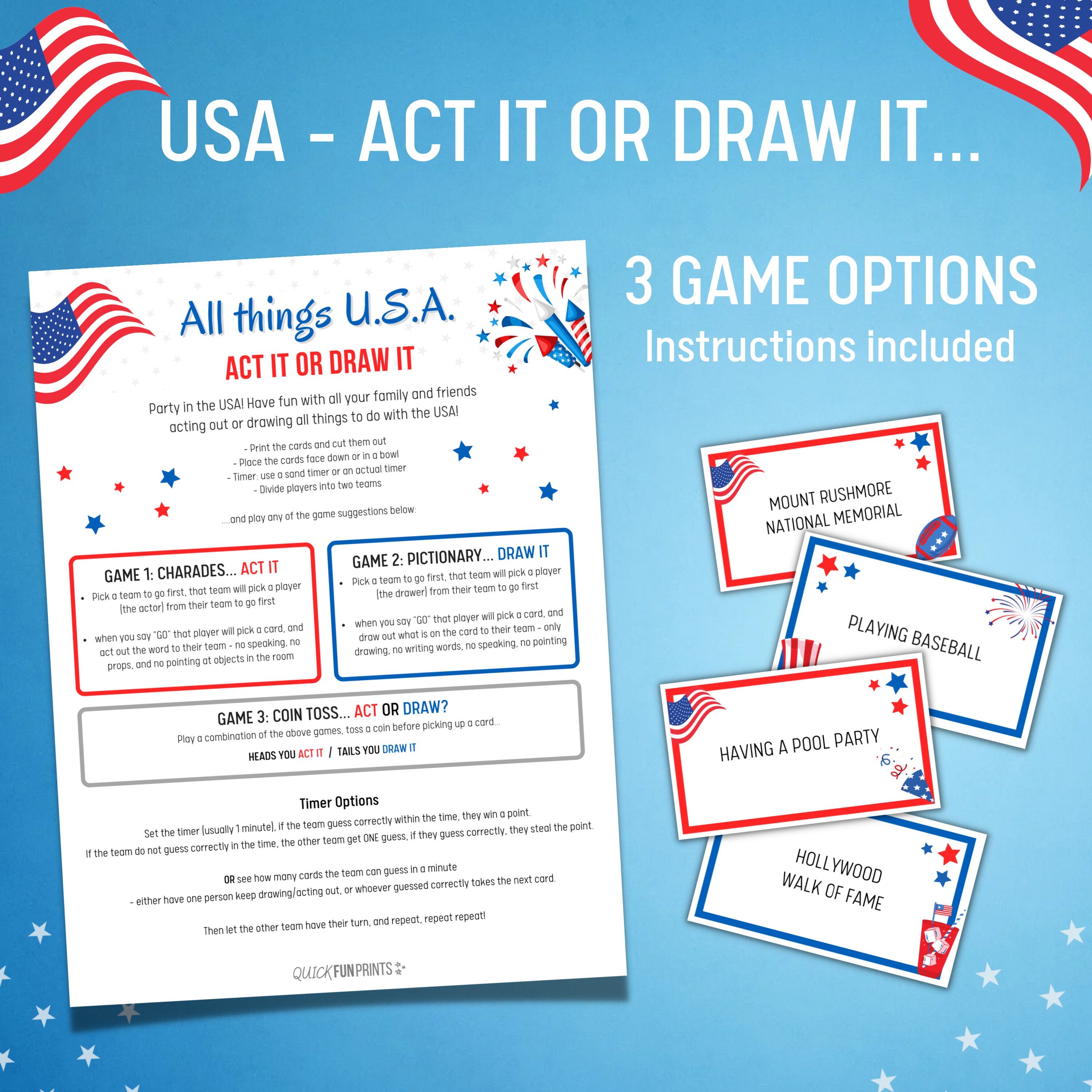 USA Charades & Pictionary Game US Printable Party Games Etsy