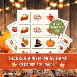 Jeu de paires de souvenirs pour Thanksgiving, 30 paires de 60 cartes, jeu familial pour Thanksgiving, jeu de souvenirs pour Thanksgiving, jeux imprimables pour Thanksgiving, télécharger
