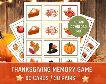 Thanksgiving Memory Game: 30 Matching Pairs (PDF Download)