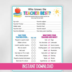 Puede incluir: Un cuestionario imprimible para profesores con un borde turquesa, con el texto "Who knows the TEACHER BEST?" y varias preguntas sobre las preferencias y experiencias de un profesor. Incluye las palabras "INSTANT DOWNLOAD".