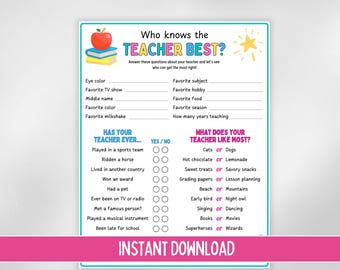 Qui connaît le mieux le professeur ? Jeu-questionnaire imprimable pour les enseignants. Activité de fin d'année en classe pour les enfants - anecdotes pour les enseignants. Téléchargement numérique instantané