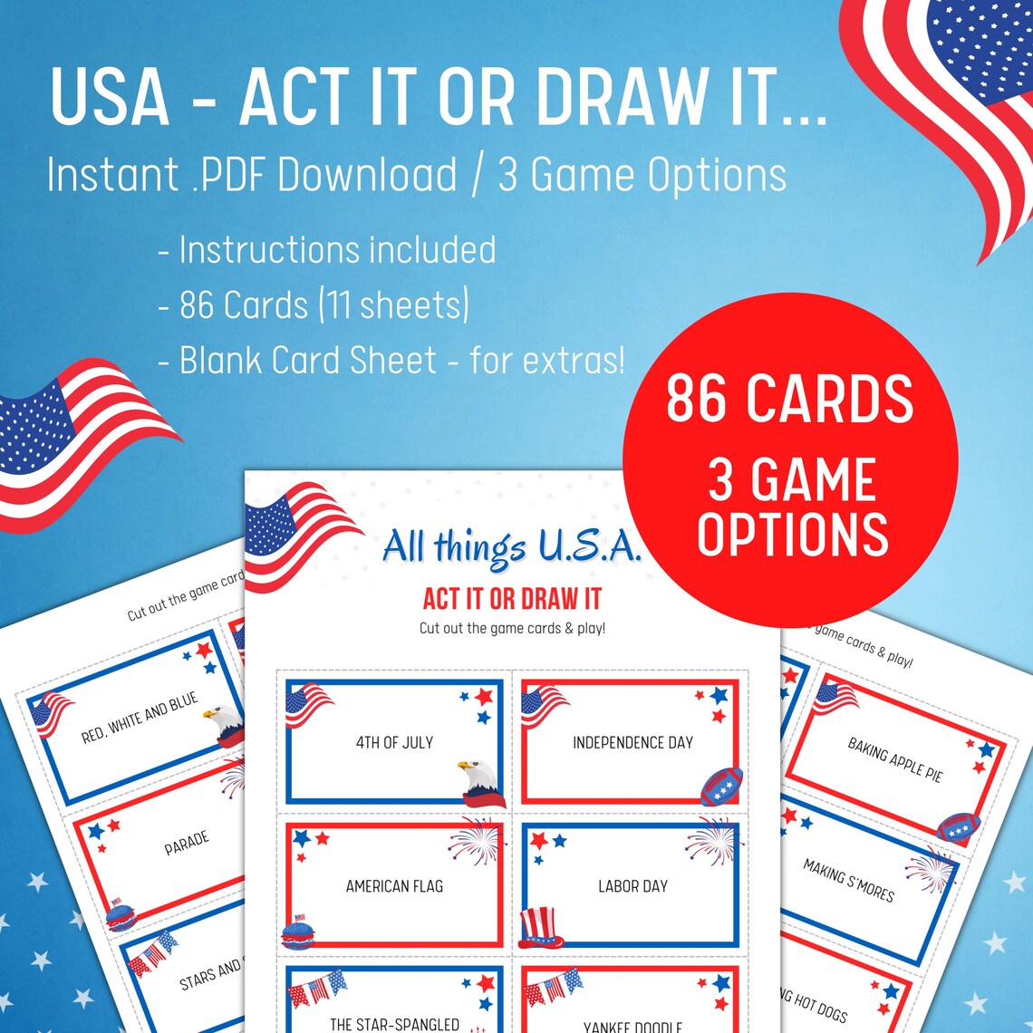 USA Charades & Pictionary Game, US Printable Party Games, Labor Day