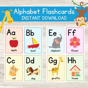 K&ouml;nnte beinhalten: Alphabet-Lernkarten mit farbenfrohen Illustrationen von Apfel, Boot, Elefant, Blume, Katze, Hund, Giraffe und Haus. Jede Karte zeigt einen Buchstaben des Alphabets. Der Text "Alphabet Flashcards" und "Instant Download" ist oben zu sehen.