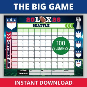 May include: A printable football game board with the text "THE BIG GAME" at the top. The board features 100 squares, team names, and a space for scores. The words "INSTANT DOWNLOAD" are at the bottom.