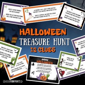 Búsqueda del tesoro de HALLOWEEN, juegos de Halloween, 12 tarjetas de pistas, pistas de búsqueda del tesoro de Halloween, juegos de Halloween para niños, juegos de Halloween imprimibles