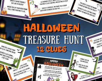 Halloween Treasure Hunt, 12 Printable Halloween Clue Cards. Rhyming Halloween Clues, Kids Halloween Game Trick or Treat. (Instant Download)
