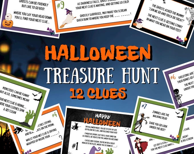 Featured listing image: Halloween Treasure Hunt, 12 Printable Halloween Clue Cards. Rhyming Halloween Clues, Kids Halloween Game Trick or Treat. (Instant Download)