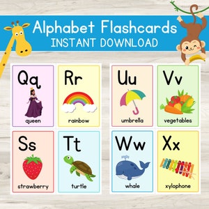 K&ouml;nnte beinhalten: Alphabet-Lernkarten mit den Buchstaben Q bis X. Jede Karte zeigt einen Buchstaben, ein Bild und das Wort dazu. Enth&auml;lt Abbildungen von K&ouml;nigin, Regenbogen, Regenschirm, Gem&uuml;se, Erdbeere, Schildkr&ouml;te, Wal und Xylophon.