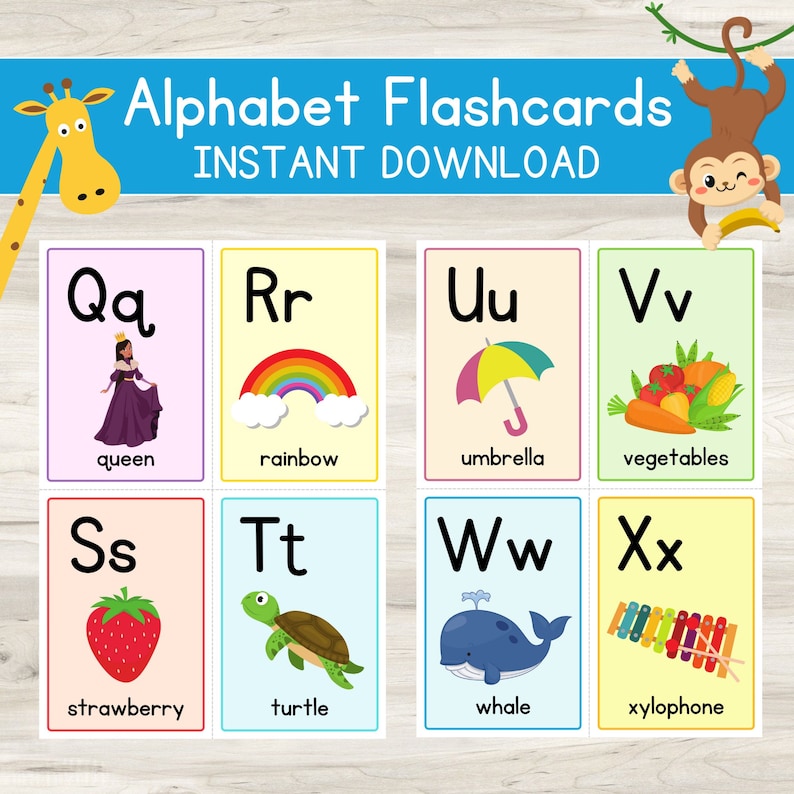K&ouml;nnte beinhalten: Alphabet-Lernkarten mit den Buchstaben Q bis X. Jede Karte zeigt einen Buchstaben, ein Bild und das Wort dazu. Enth&auml;lt Abbildungen von K&ouml;nigin, Regenbogen, Regenschirm, Gem&uuml;se, Erdbeere, Schildkr&ouml;te, Wal und Xylophon.