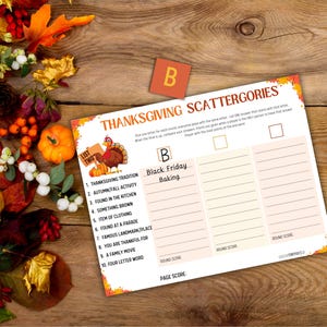 Thanksgiving Scattergories Printable, with 2 Lists to play and letter sheet