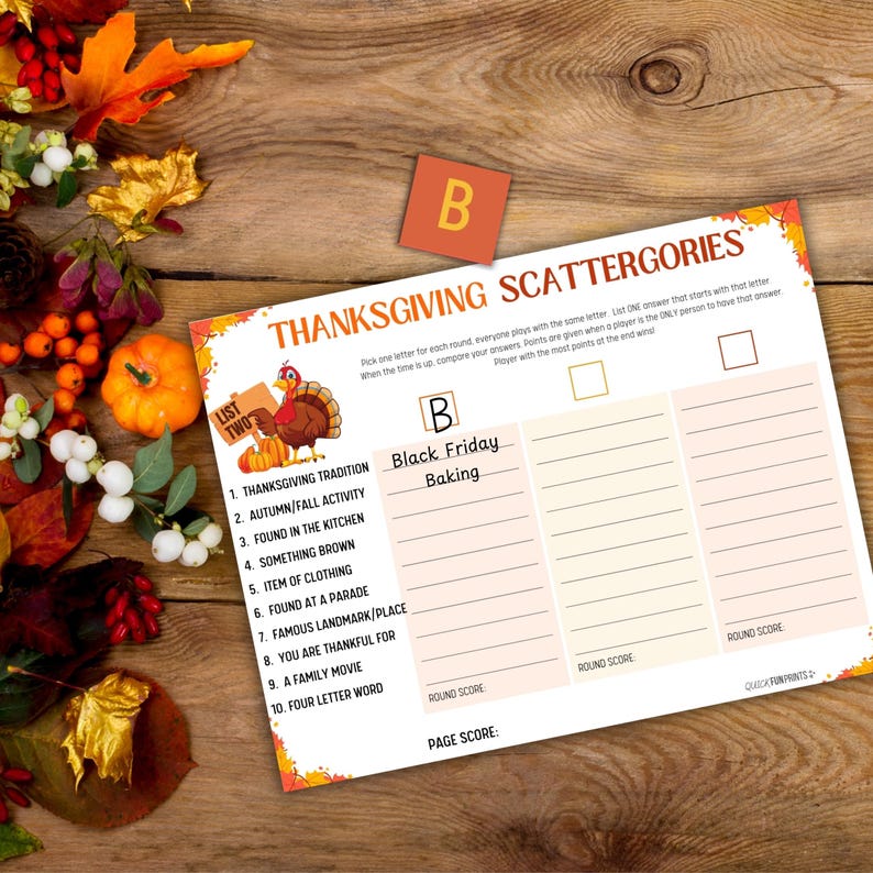 Thanksgiving Scattergories Printable, with 2 Lists to play and letter sheet