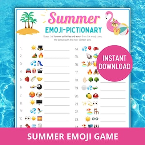 SUMMER Emoji Pictionary, Summertime Emoji Printable Quiz, Summer Pool Party Emoji Game, Summer Family Game, Summer Game Printable
