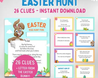 Easter Egg Hunt Clues: 26 Rhyming Cards and Letter (Printable Digital Download)