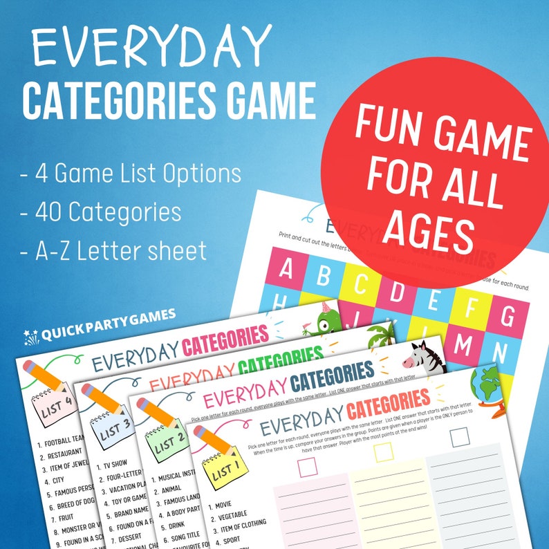 Printable Scattergories Game 4 Lists Categories Game Fun Etsy