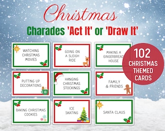 CHRISTMAS Charades & Christmas Pictionary. Christmas Charades printable with 102 charades cards. Christmas Kids or Family game or party game