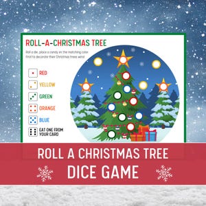 以下が含まれることがあります： 赤、黄、緑、オレンジ、青のサイコロを使ったカラフルなクリスマスツリーゲーム。ゲームには、オーナメントとプレゼントが付いた大きなクリスマスツリーのイラストが含まれています。画像の下部には「ROLL-A-CHRISTMAS TREE DICE GAME」というテキストがあります。