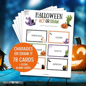 HALLOWEEN Charades - handelen of tekenen, afdrukbare Halloween-spelkaarten, Halloween-feestspellen, Halloween-familiespellen, Halloween-spel om te downloaden