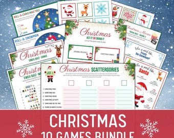 Christmas Games Bundle, 10 Printable Christmas Games, Charades, Scattergories, Trivia, Roll A Snoman, Printable Holiday Games for family