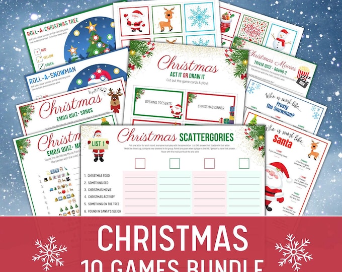 Featured listing image: Christmas Games Bundle, 10 Printable Christmas Games, Charades, Scattergories, Trivia, Roll A Snoman, Printable Holiday Games for family