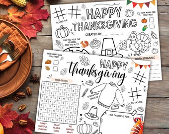 Thanksgiving Kids Activity Placemats, Set of 2 Printable Coloring Placemats for Kids, Thanksgiving Table Activity