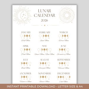 Op de afbeelding: Een printbare maankalender voor 2026 in minimalistische stijl. De kalender toont maanfase-illustraties voor elke maand, met de namen van de volle manen. Het ontwerp bevat hemelse afbeeldingen en de tekst "Lunar Calendar 2026".