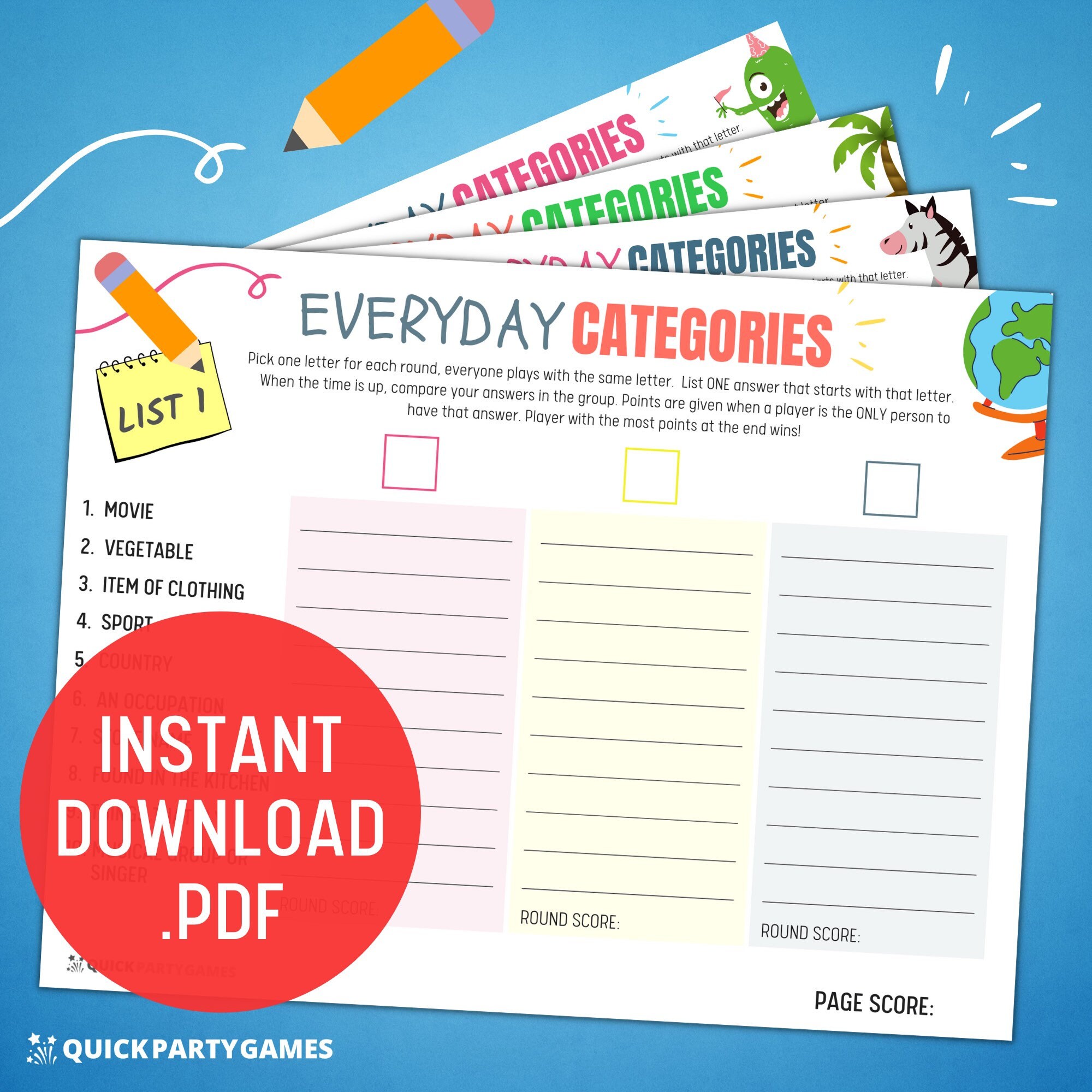 printable scattergories game categories game instant pdf etsy