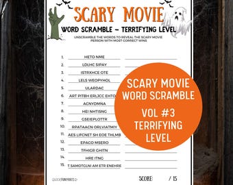 Horror Movie Word Scramble: Terrifying Halloween Game (Printable Digital Files)