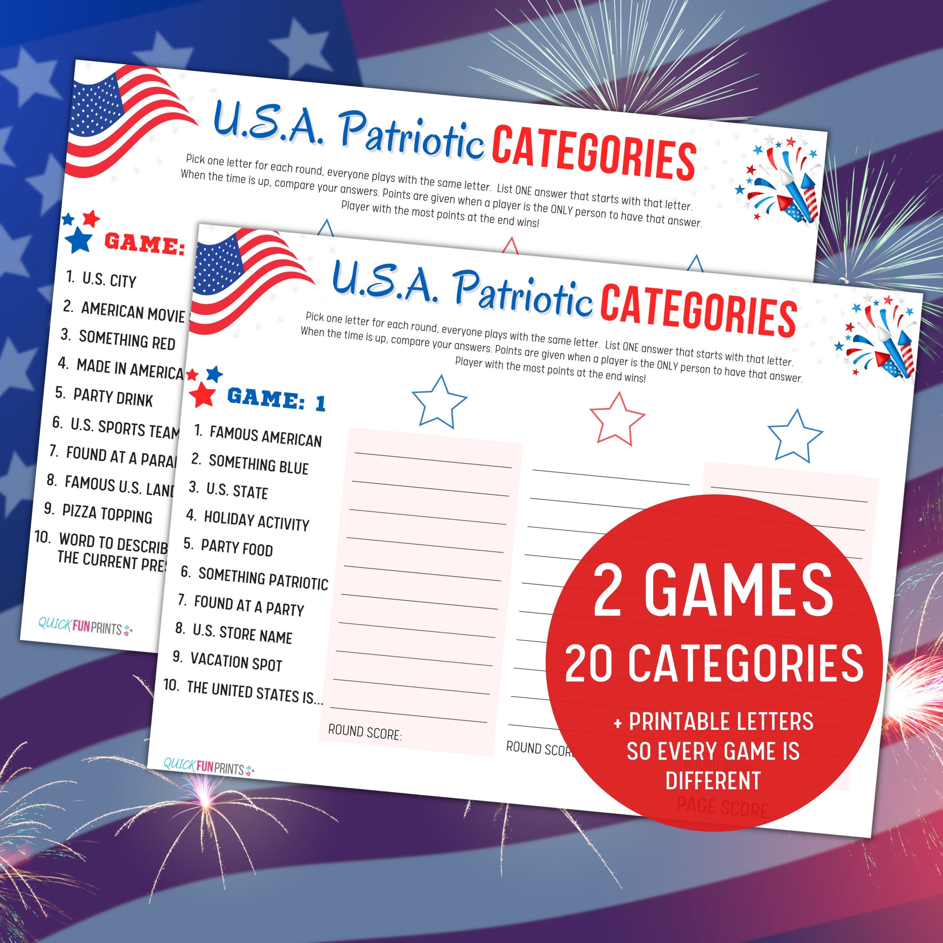 USA Labor Day Game Scattergories Printable