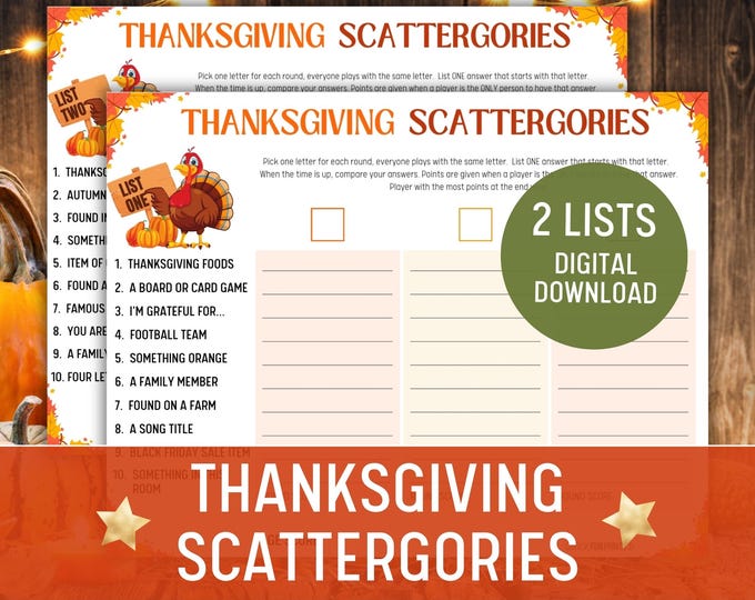 Featured listing image: Thanksgiving Scattergories Game, 2 Lists, Thanksgiving Printable Game, Popular Family and Friends Game, Instant Download, Printable