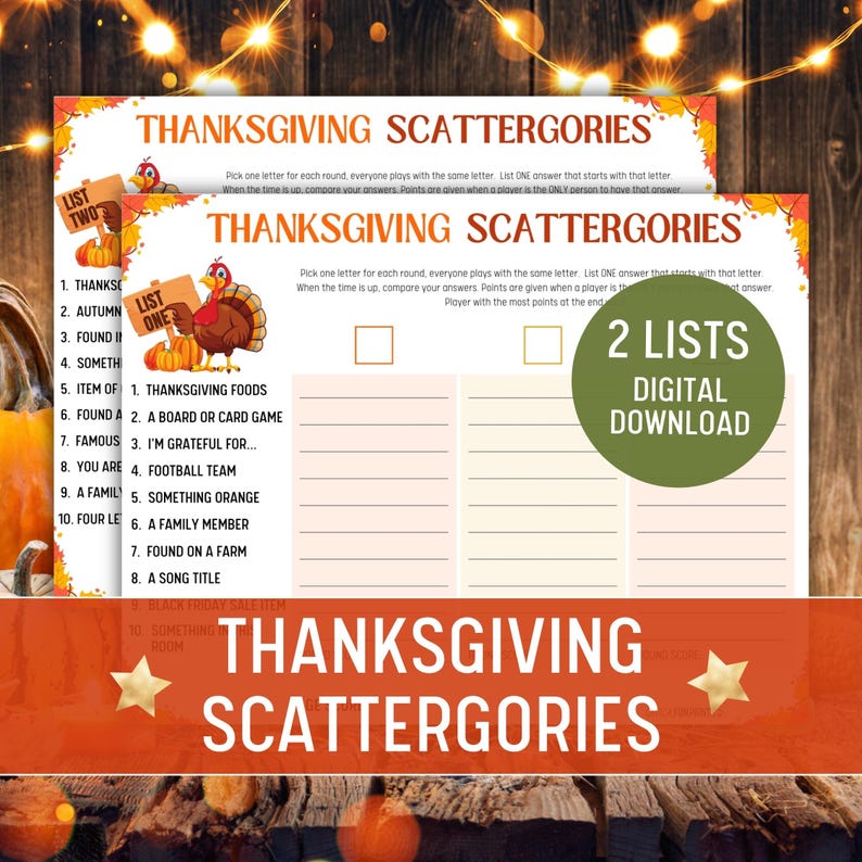 Thanksgiving Scattergories Printable, with 2 Lists to play and letter sheet