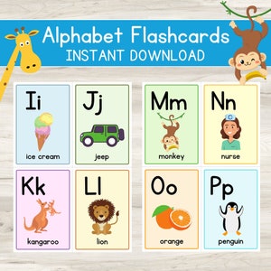 K&ouml;nnte beinhalten: Alphabet-Lernkarten mit den Buchstaben Ii bis Pp. Jede Karte zeigt eine farbenfrohe Illustration eines Objekts, das mit dem entsprechenden Buchstaben beginnt, wie Eis, Jeep, Affe und Krankenschwester. Der Text "SOFORT-DOWNLOAD" ist oben zu sehen.