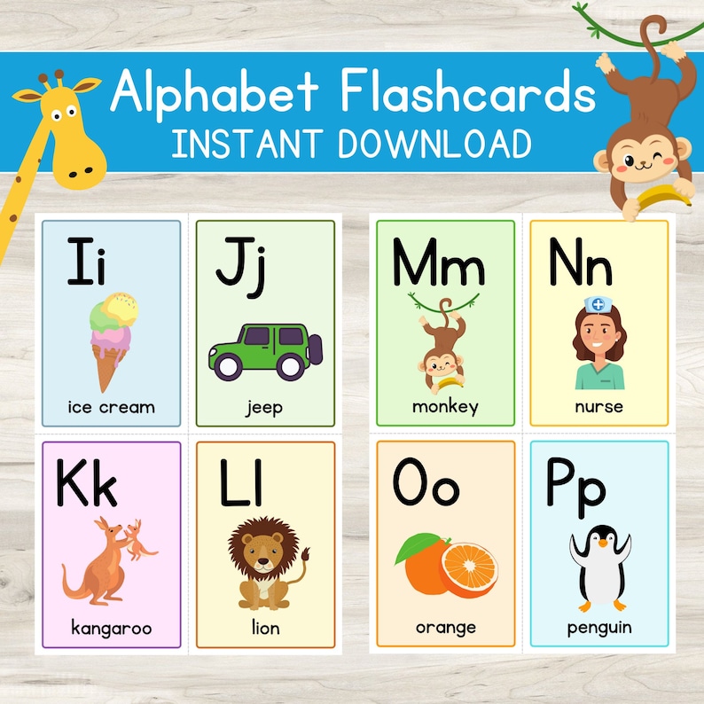 K&ouml;nnte beinhalten: Alphabet-Lernkarten mit den Buchstaben Ii bis Pp. Jede Karte zeigt eine farbenfrohe Illustration eines Objekts, das mit dem entsprechenden Buchstaben beginnt, wie Eis, Jeep, Affe und Krankenschwester. Der Text "SOFORT-DOWNLOAD" ist oben zu sehen.