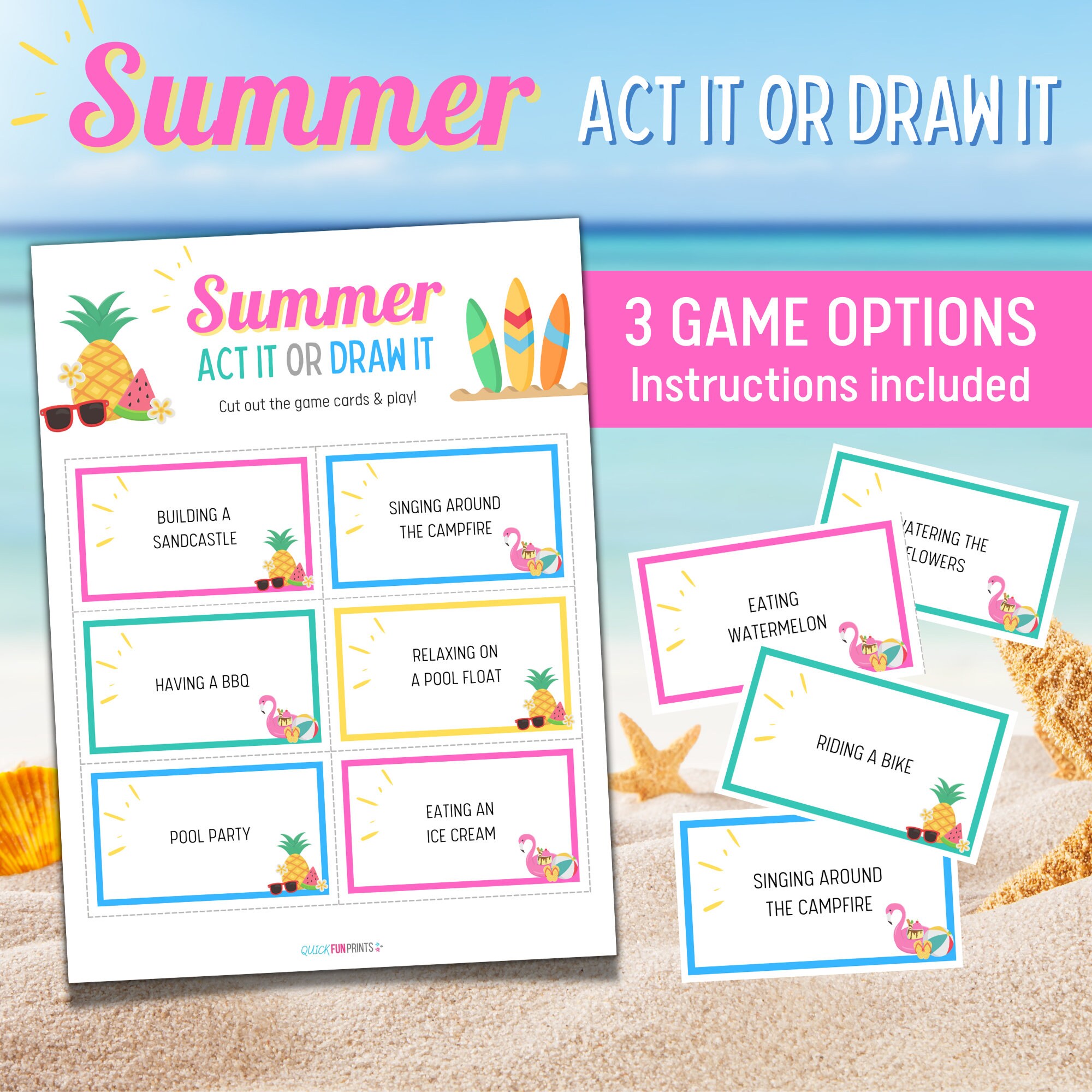SUMMER Charades & Pictionary Printable Summer Cards Act or Draw Summer ...