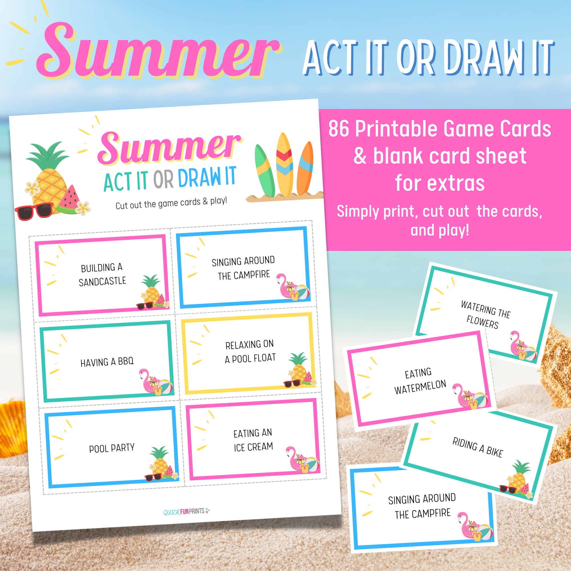 SUMMER Charades & Pictionary Printable Summer Cards Act or Draw Summer ...