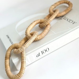 Rattan Wooden Chain Link Decor - 19in Hand Carved & Hand Woven Decorative Wood Chain with Woven Rattan