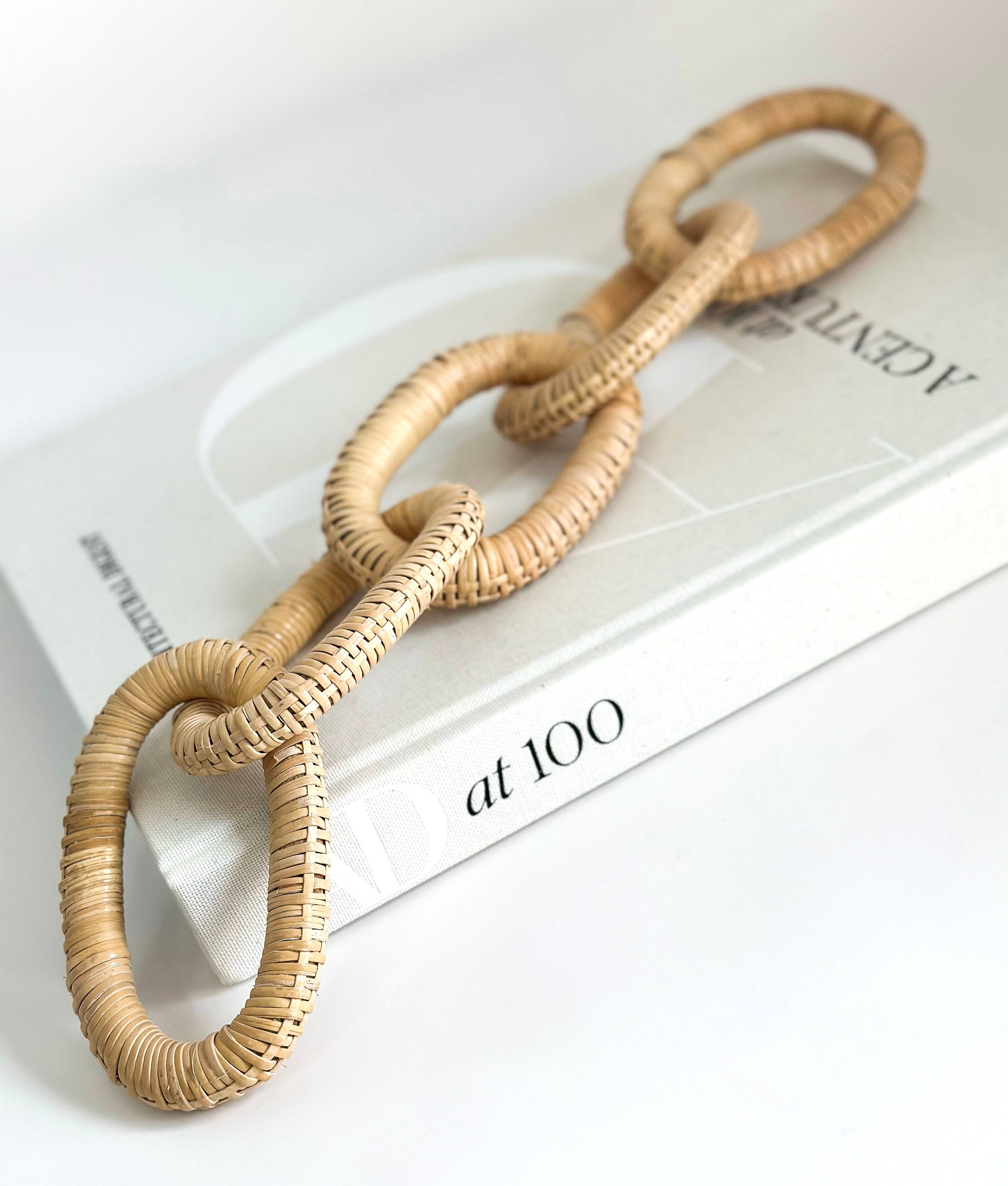 Rattan Wooden Chain Link Decor - 19in Hand Carved & Hand Woven Decorative Wood Chain with Woven Rattan