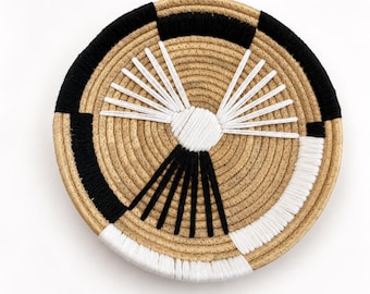 Handwoven Statement Wall Basket | Black & White Woven Wall Decor | Artisan Seagrass Basket | Modern Boho Wall Art | Organic Modern Decor