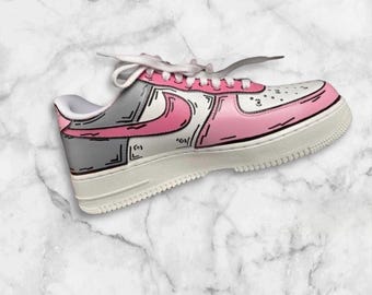 Scarpe da bambino e adulto Nike Air Force One AF1 rosa e grigie con motivo cartoon