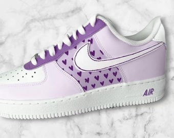 Custom Purple Hearts Nike Air Force 1 Shoes – Hand Painted AF1 Sneakers, Love & Heart Design, Unique Purple Streetwear Gift